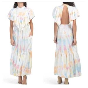 Young Fabulous & Broke Tie Dye Maxi Ruffle Mock Neck Dress Size Medium